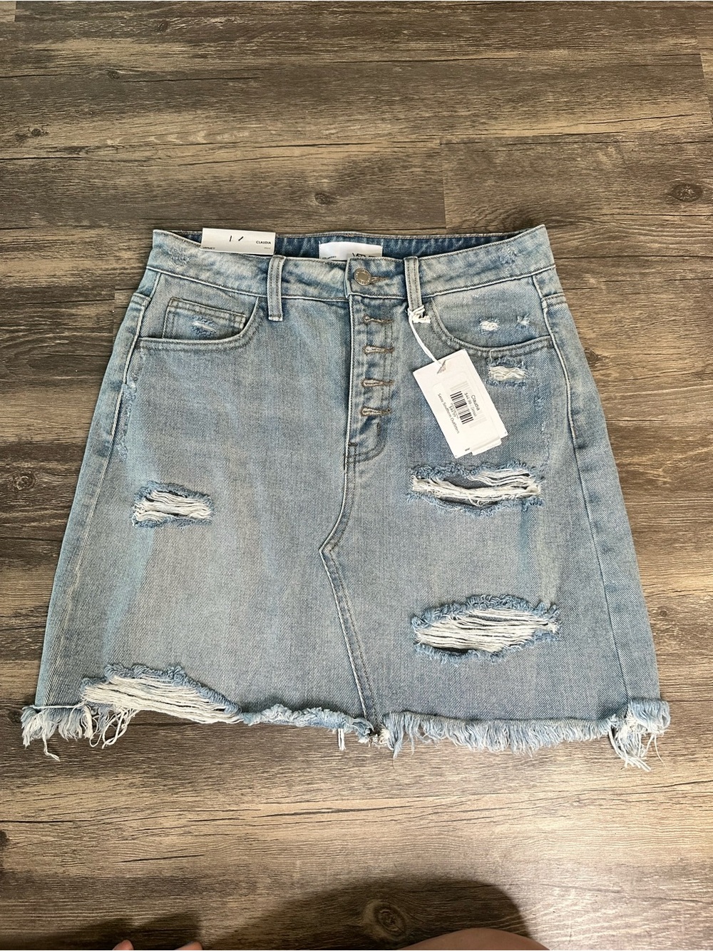 NWT VERVET Claudia Distressed Denim Mini Skirt Light Wash Button Fly Small